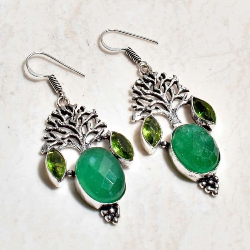 Tree of Life Emerald Peridot Handmade Drop Dangle Earrings Jewelry 2.32"
